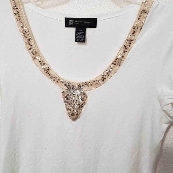 White INC Stretch Tee Shirt With Sequined Neckline Size Petite Medium - Picture 2 of 5